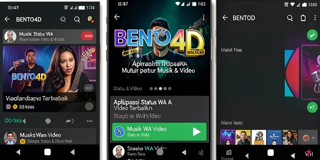 Antarmuka BENTO4D menampilkan berbagai pilihan video musik untuk status WA.