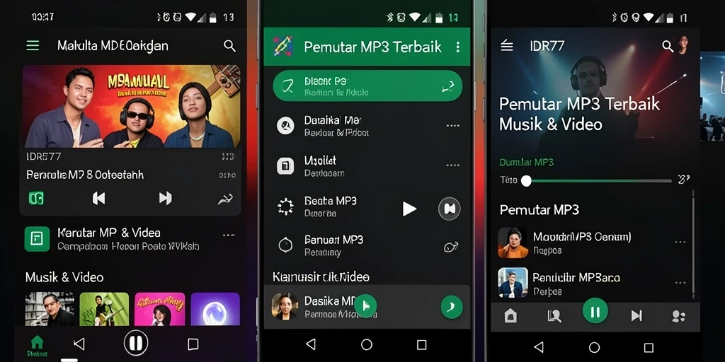 Tampilan antarmuka pemutar MP3 IDR77 yang modern dan fungsional.